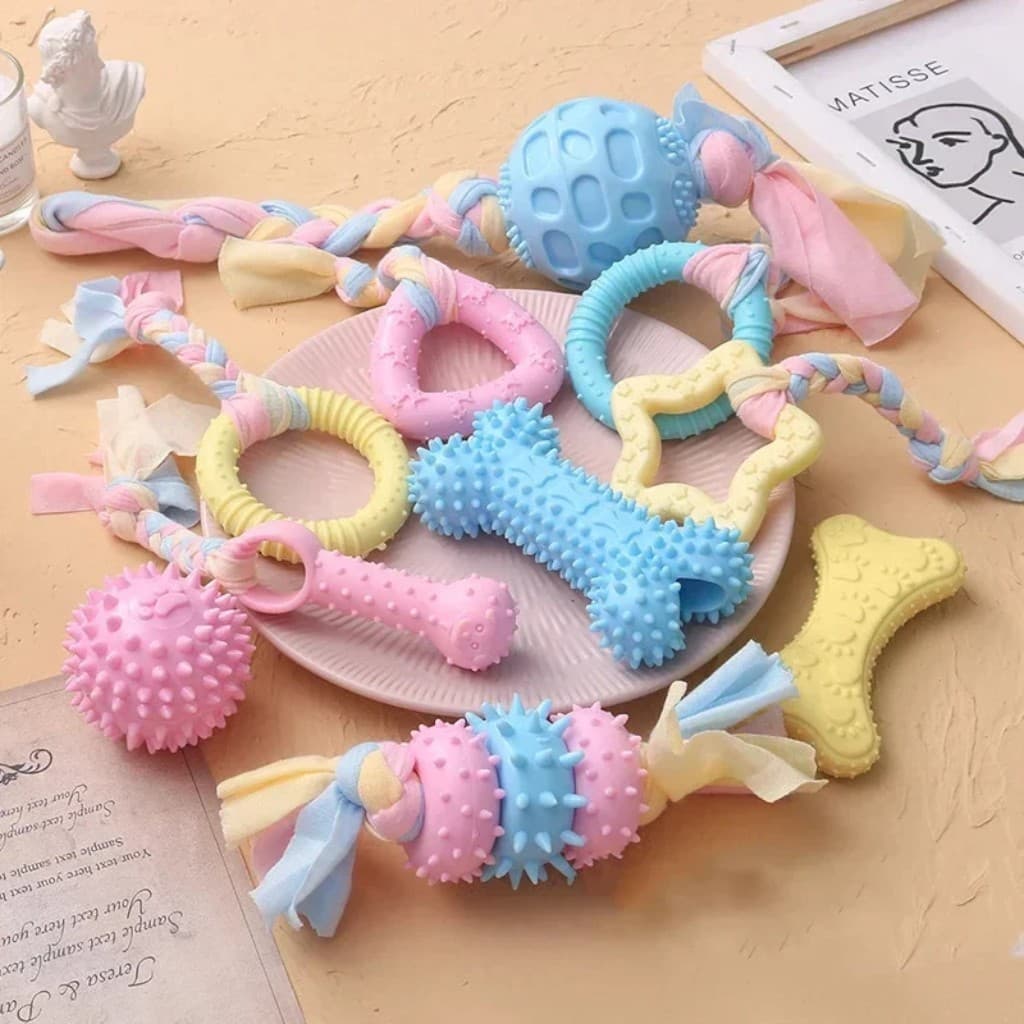 Mordedor Pet Silicone com Barbantes Cores suaves Tons Pasteis - Qualidade e Desenvolvimento Canino
