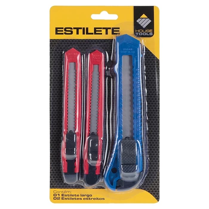 Kit Estiletes Profissional  3 Peças 1 Largo 2 Finos  Corte Preciso Plástico e Metal Jogo Estilete