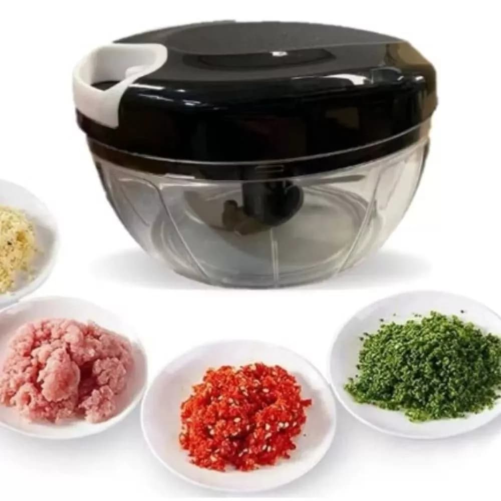 🔪 Triturador de Alimentos Manual 500ml  3 Lâminas Afiadas Cores Preto Cinza e Branco Cortador