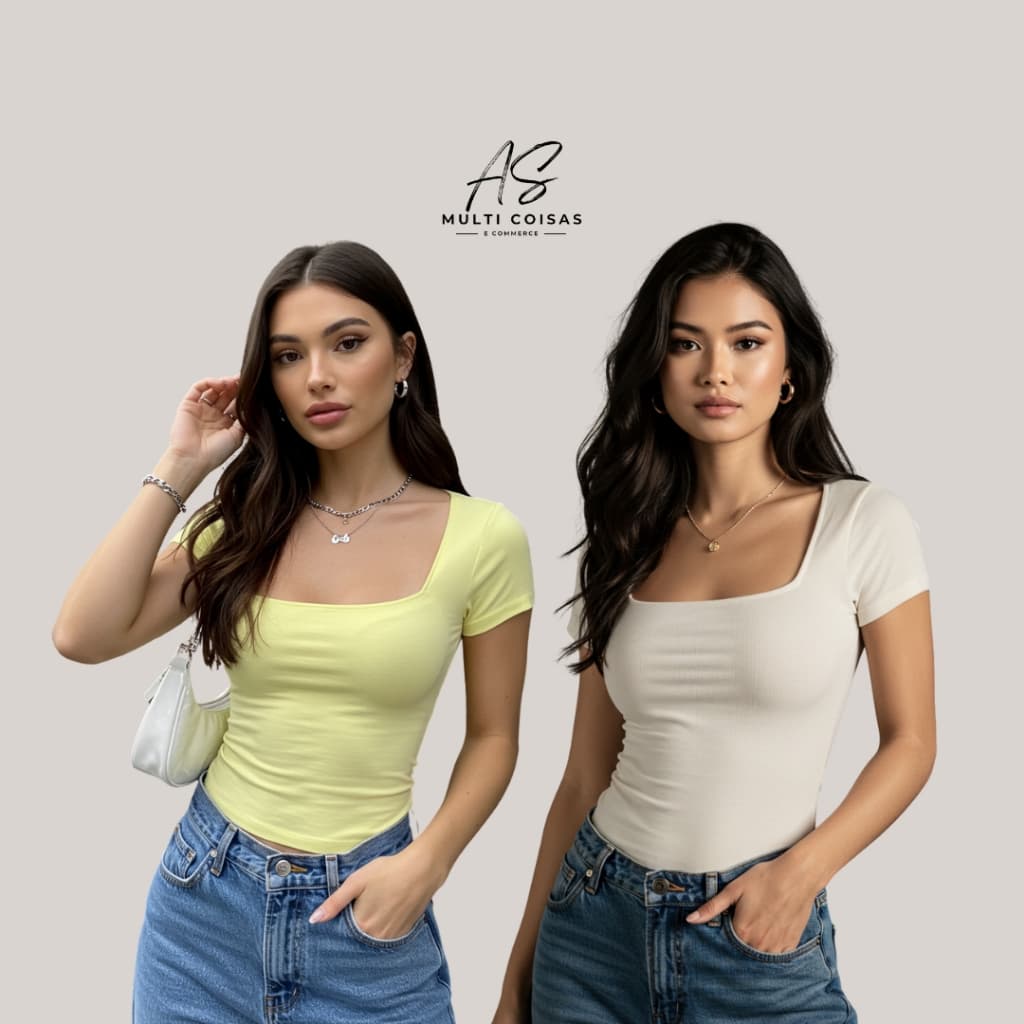 KIT COM 2 BLUSINHAS BABY LOOK BÁSICAS COM DECOTE QUADRADO FORRO DUPLO FRONTAL VARIAS CORES VERÃO