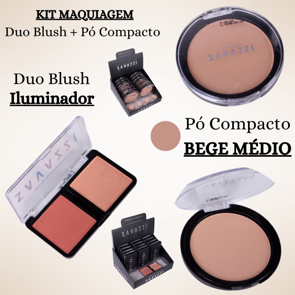 Kit Maquiagem Duo Blush Iluminador + Pó Compacto Bege Médio Longa Duração Acabamento Profissional
