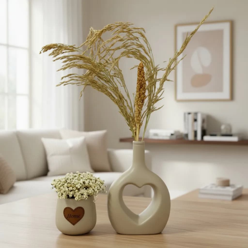 DUPLA DE VASOS DECORATIVOS COM FLORES SECAS ENFEITE DE CASA CORAÇÃO