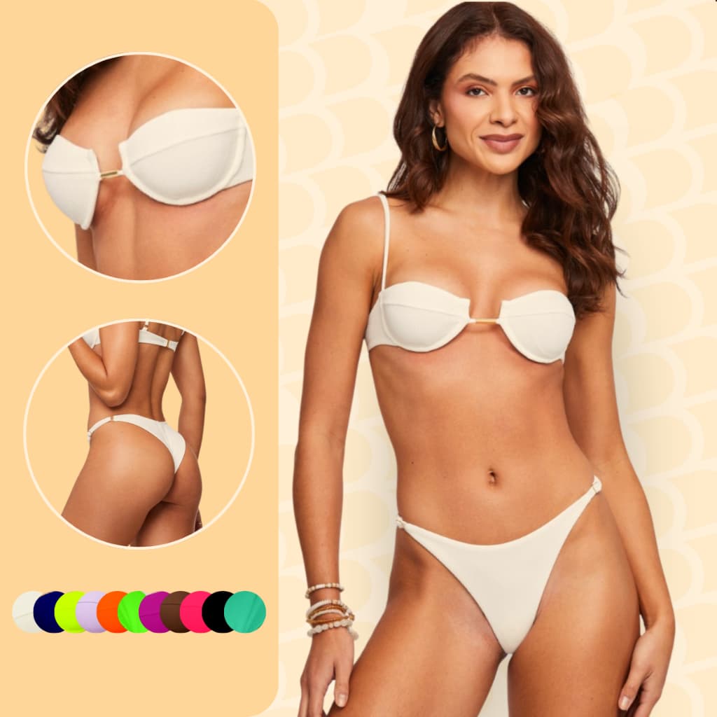 Biquíni Meia Taça com Canutilho Central Conjunto Feminino Canelado Fio duplo Forrado Bojo Removível