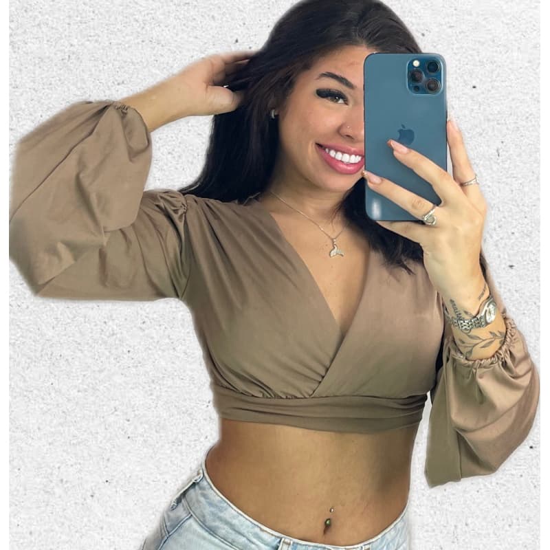Blusa Cropped Decote Manga Bulfante Elegante Transpassado