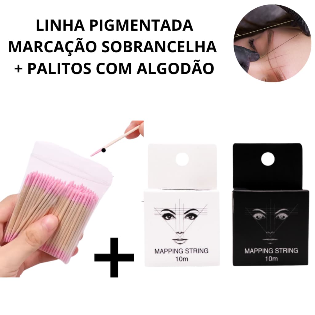 Kit Linha Pigmentada Marcação de Sobrancelhas + Palito c/ Algodão Limpeza Alinhamento Design Henna