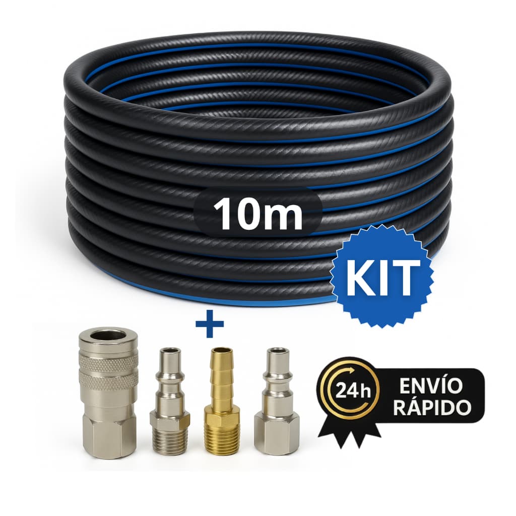 Kit Mangueira de Compressor 10 Metros Com Engate Rapido Conectores PT300 1/4 Ar Rolo Pneumática