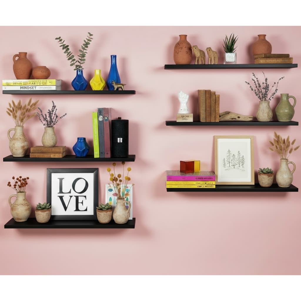 Kit 06 Prateleiras 50x15 Preto Decoração Sala Banheiro Cozinha Quarto Organizador Flutuante Casa