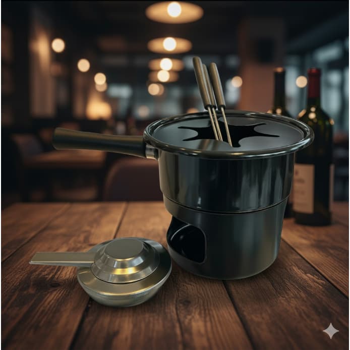 Aparelho De Fondue 8 Peças Fogareiro Aço Inox Cozinha 4 Garfos Preto Serve 4 Pessoas Jogo Fondue