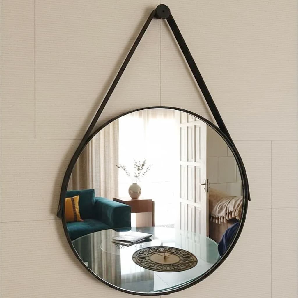 Espelho Redondo Adnet Moderno Luxo Lavabo Quarto Sala Banheiro Alça em Couro 50cm c/ Pino Suporte