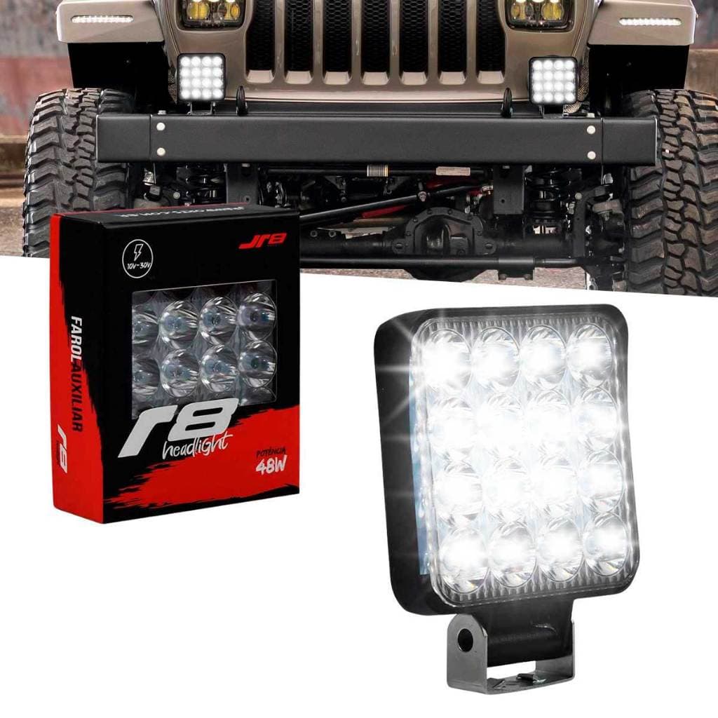 Farol Auxiliar Quadrado Com 16 LEDs 48W Universal 12V 24V
