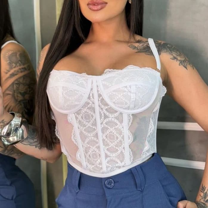Blusa Cropete Feminina Rendas Alça Regulável Estilo Corselete Corset cropped