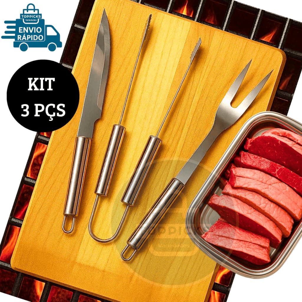 Kit Churrasco Premium 3 Pçs Inox Faca Garfo Trinchante e Pegador Conjunto Jogo Para Churrasco Com Lâminas Afiadas