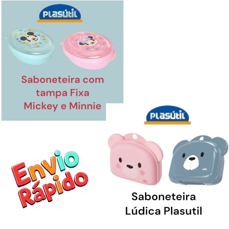 Saboneteira de Plástico Com Tampa Fixa Mickey e Minnie Saboneteira Lúdica Ursinho Plasutil