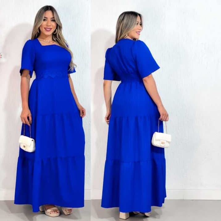 Vestido Longo1 Evangelica Duna Onda manga princesa, com renda na cintura e elastex nas costas