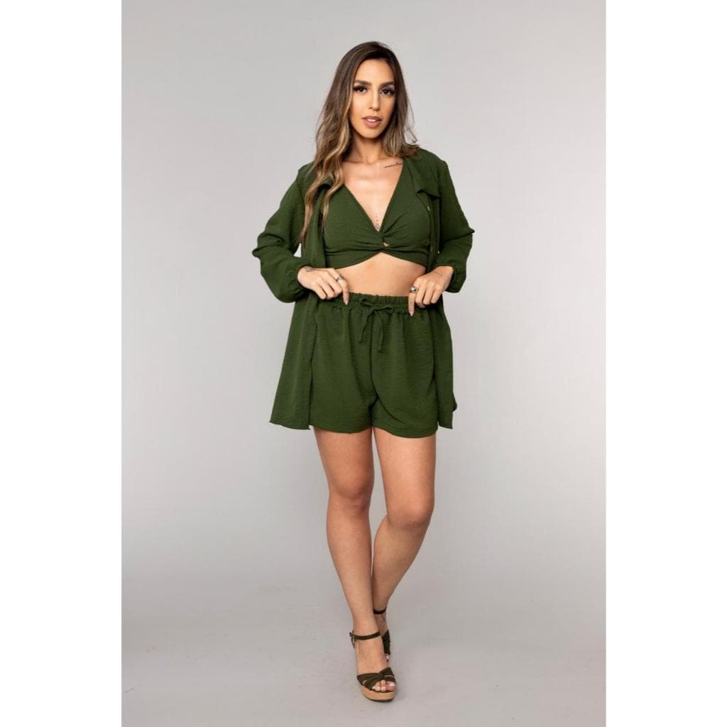 Conjunto Feminino Moda Instagram – camisa + Shorts + Croped