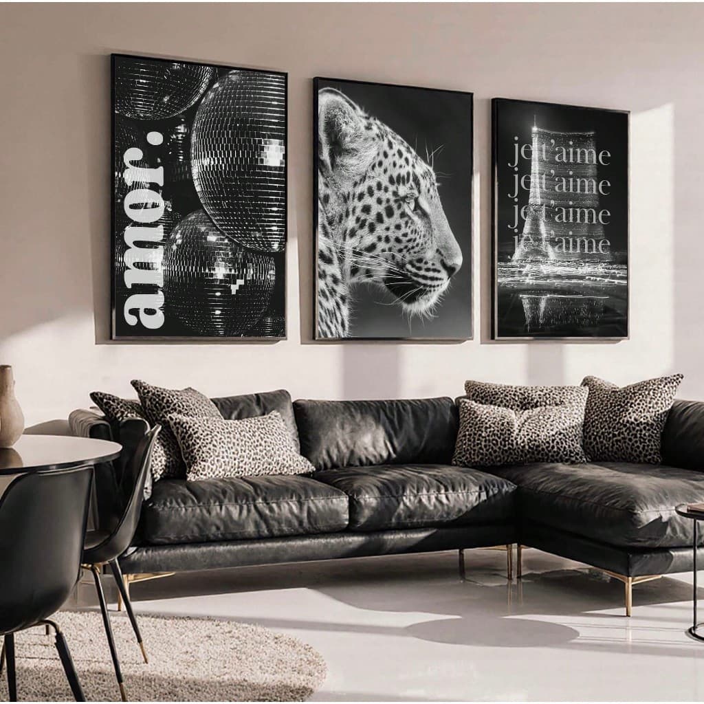 Quadros decorativos Leopardo Preto e Branco Disco Bola (3 peças)