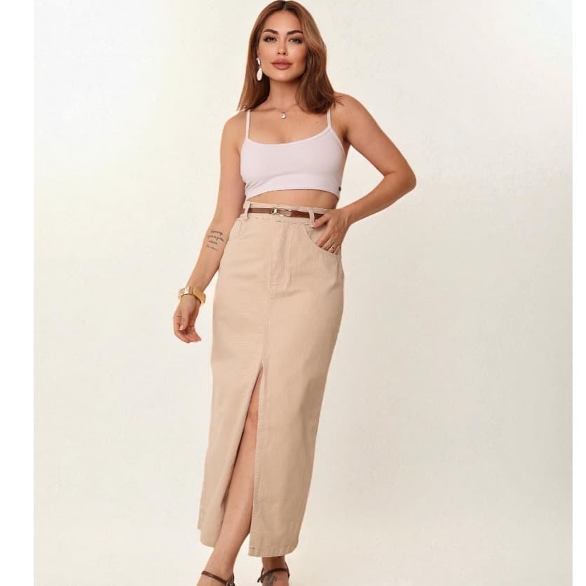 Saia midi jeans  cintura alta com fenda na frente com Bolso premium Lançamento moda Muito boa qualidade