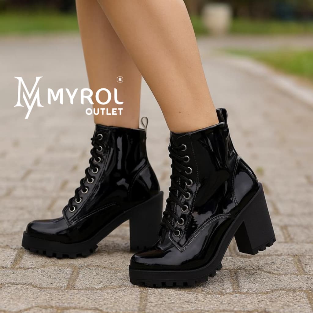Bota Coturno Salto Médio Tratorada de Amarrar Preto Verniz