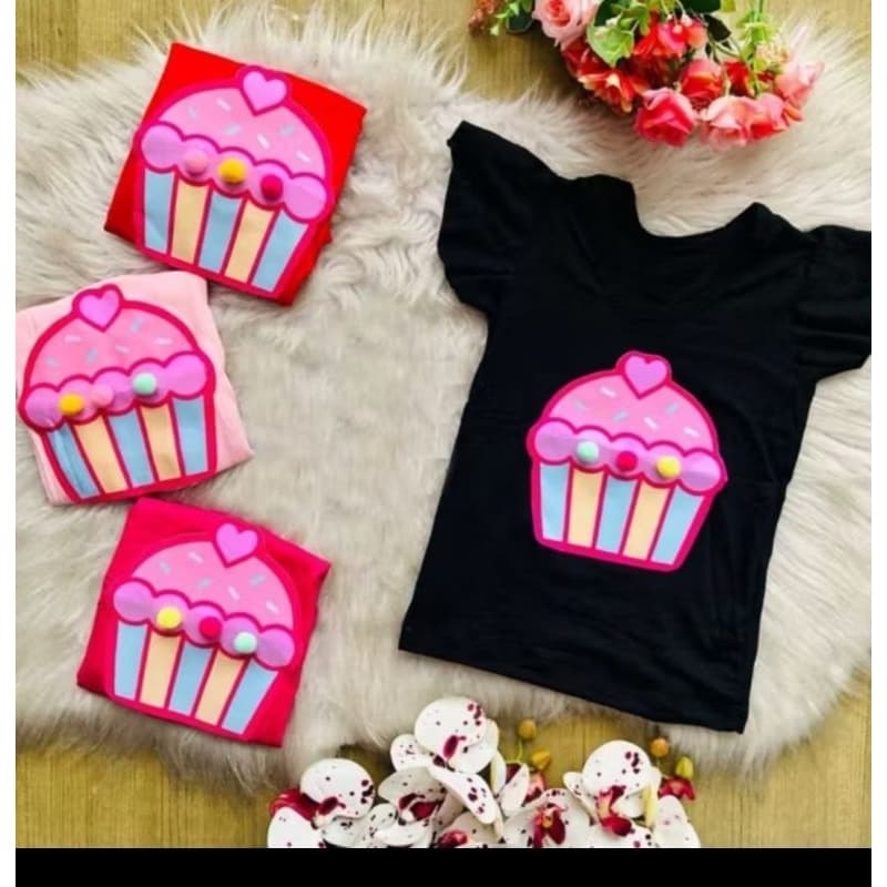 Blusinha moda Blogueirinha, Blusinha estampa cupcake, Blusinha manga de malha, Blusa calor, Blusinha Menina tamanho 06
