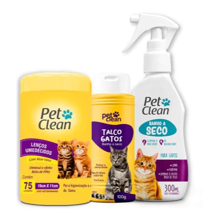 Kit Banho a Seco Gatos 300ml Pet Clean + Lenço Umedecido Gato 75 unids + Talco Pet Clean 100g Gatos