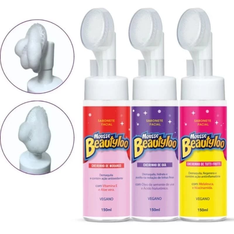 Kit 3 Mousse Beautyloo Facial 150ml – Uva, Morango e Tutti