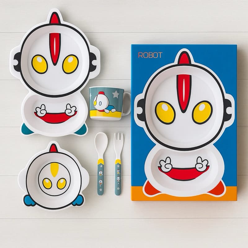 Kit Refeição Infantil 5 Peças Conjunto Prato Infantil Robozinho Introdução Alimentar
