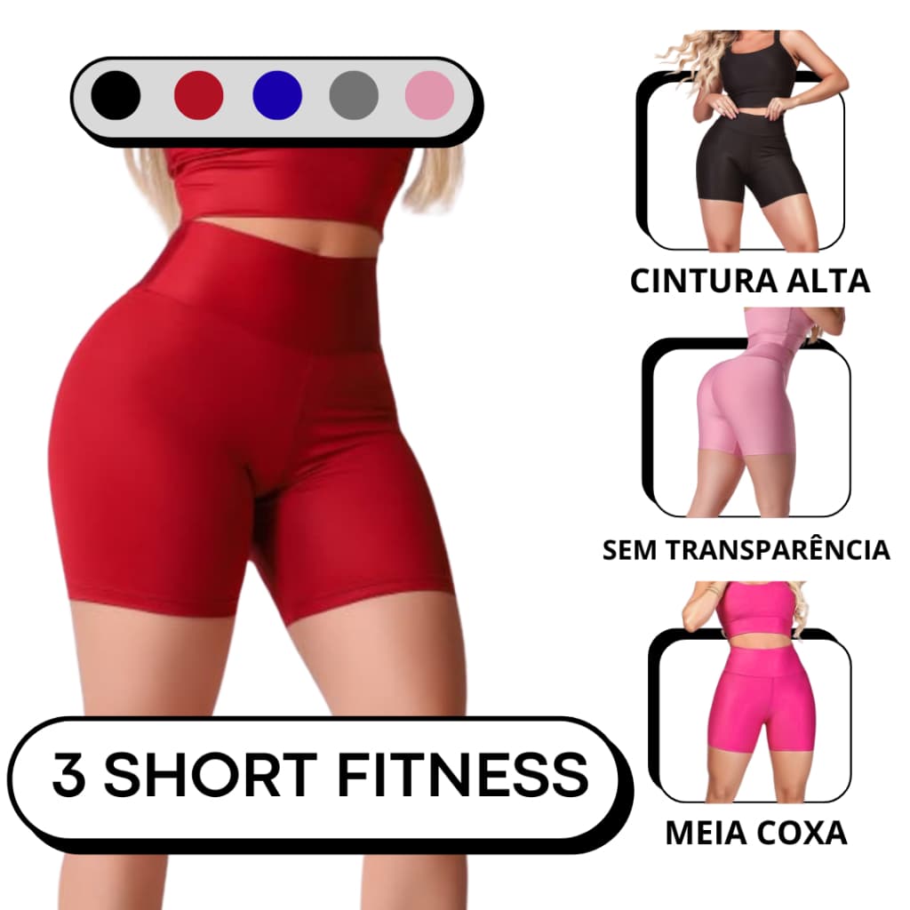 KIT 3 SHORTS FITNESS FEMININO ACADEMIA CINTURA ALTA SEM TRANSPARÊNCIA