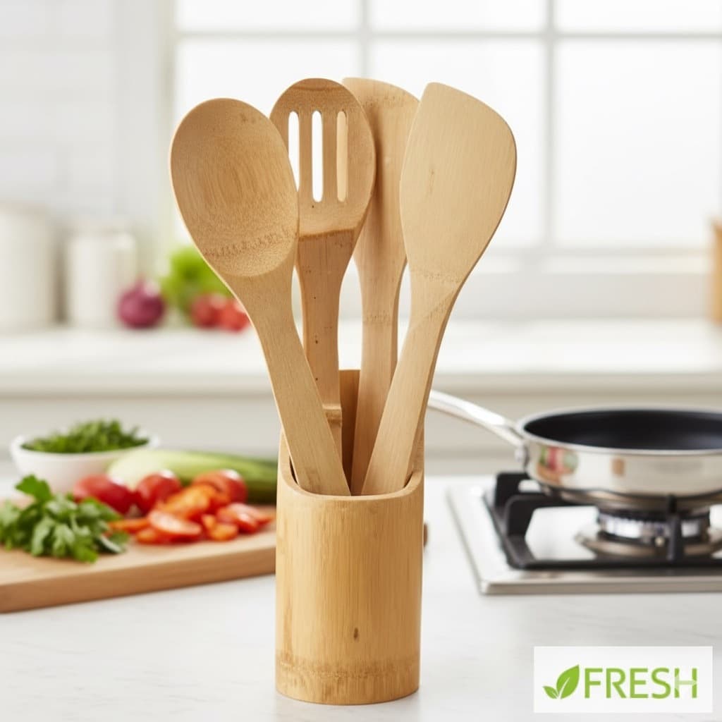 Kit 5 Peças Utensílios Bambu Conjunto Colher de Pau para Cozinha 4 Talheres com Suporte resistente