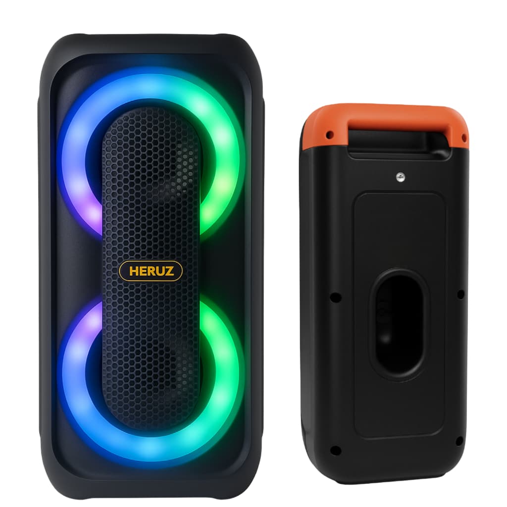 Caixa de Som Bluetooth Portátil HERUZ com Luz LED RGB, Som Potente, Graves Reforçados e Bateria Recarregável