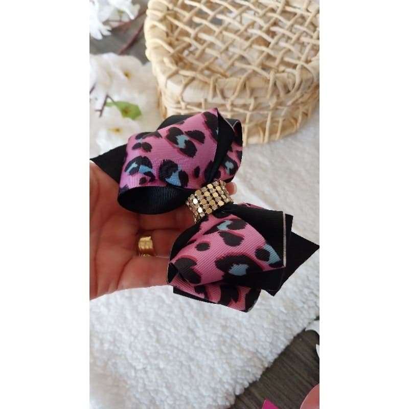 Laços com várias estampas e apliques-Oncinha rosa Coração riscado Estrela pink Estrass Acessórios infantis Menina...