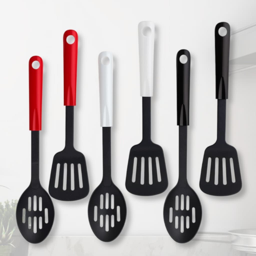 Kit Cozinha Colher e Espátula Vazada Em Nylon Com Alça