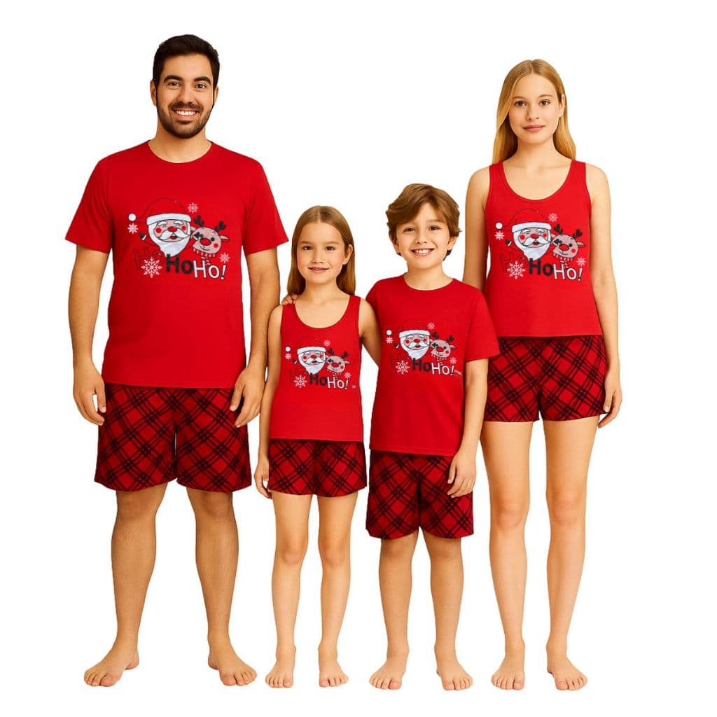 Kit Pijama Combinado Natal Família Tal Pai Tal Filho & Tal Mãe Tal Filha Regata Manga Curta Short Verão Oferta