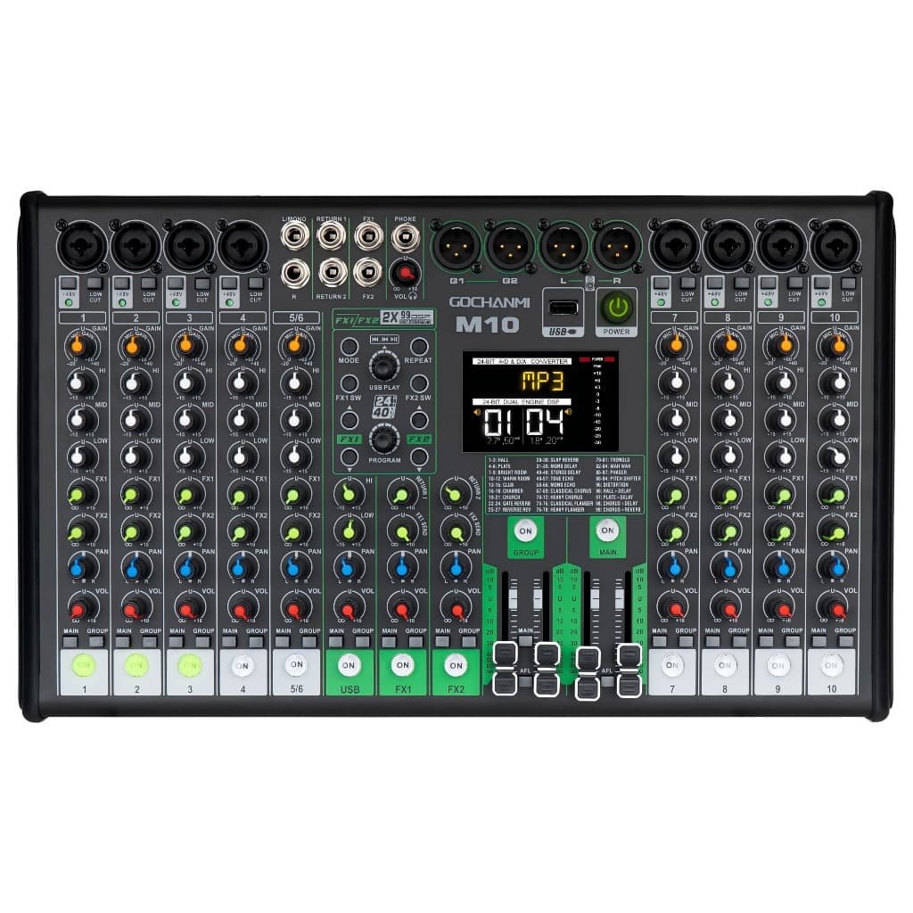 Mesa de Som Profissional GOCHANMI M10 de 10 Canais   DJ Mixer com 2×99 Efeitos DSP Bluetooth +48v mesa som automotivo