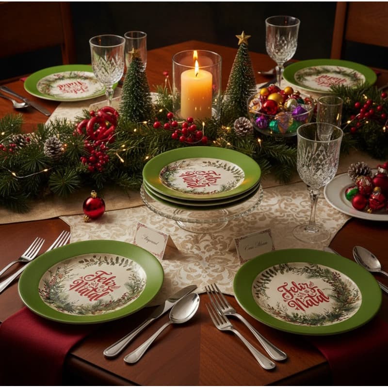 Kit 6 Pratos Grandes Redondos Natal 25cm Melamina Guirlanda Vermelho Verde Mesa Posta Jantar Ceia Festas