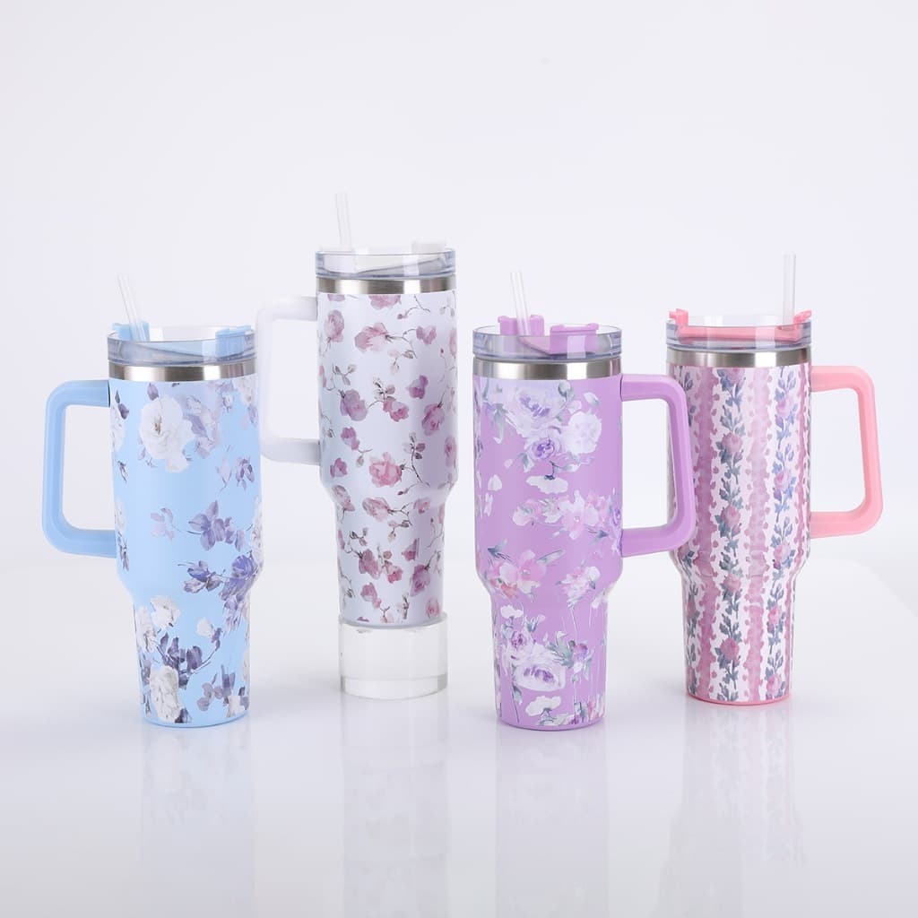 copo térmico de aço inoxidável com 1200 ml e desenho floral
