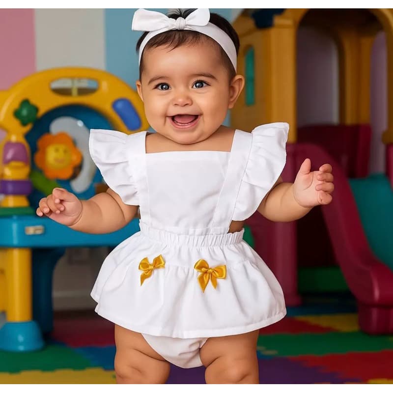 Romper Branco Festas  Mesversario Fantasia Bebe Menina