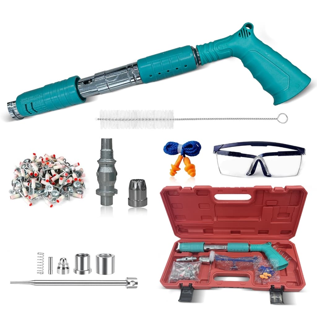 Pistola de Pregos Manual 2 em 1, Kit Completo com 50 Pregos, Óculos e Tampões de Ouvido, Caixa de Transporte