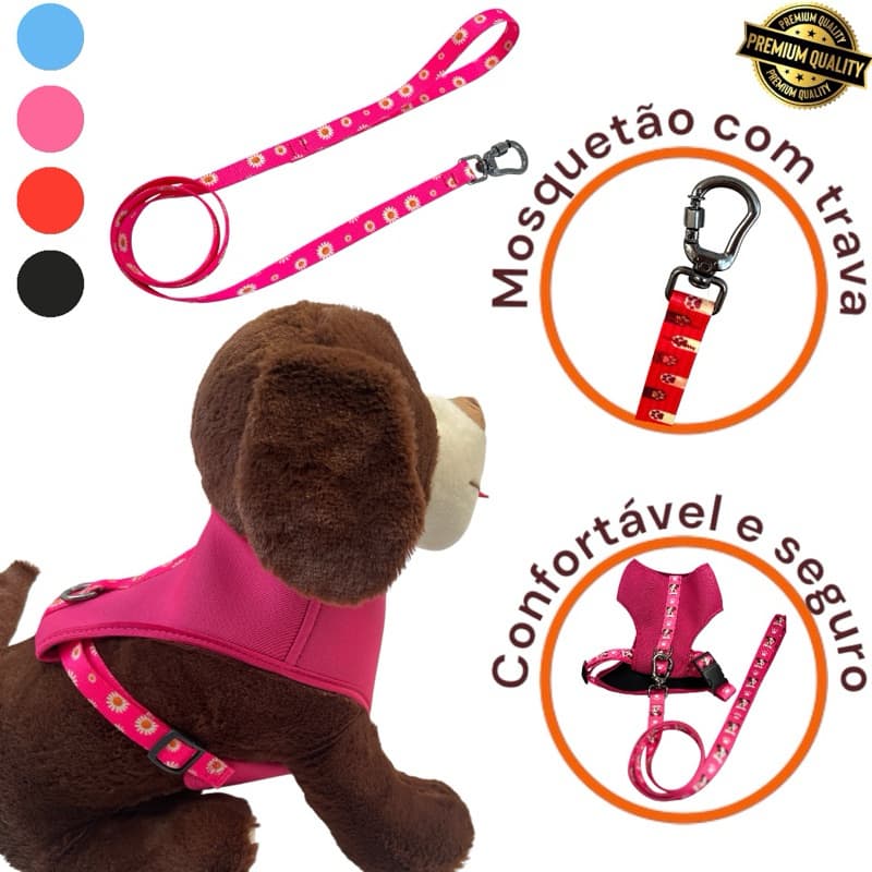 Coleira Peitoral Cachorro e Gato Conjunto Guia e Peitoral Tipo Colete Pequeno Porte