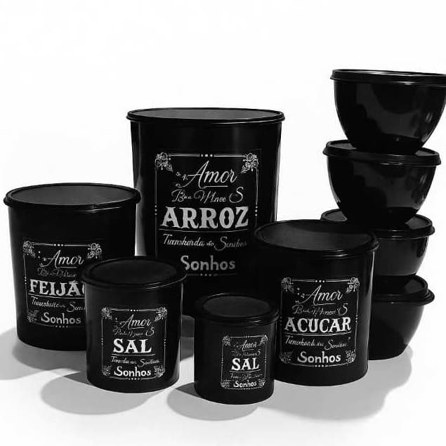 Kit Conjunto de Potes Mantimentos 5 Peças Decopado Preto mais 4 potes 750 ml.