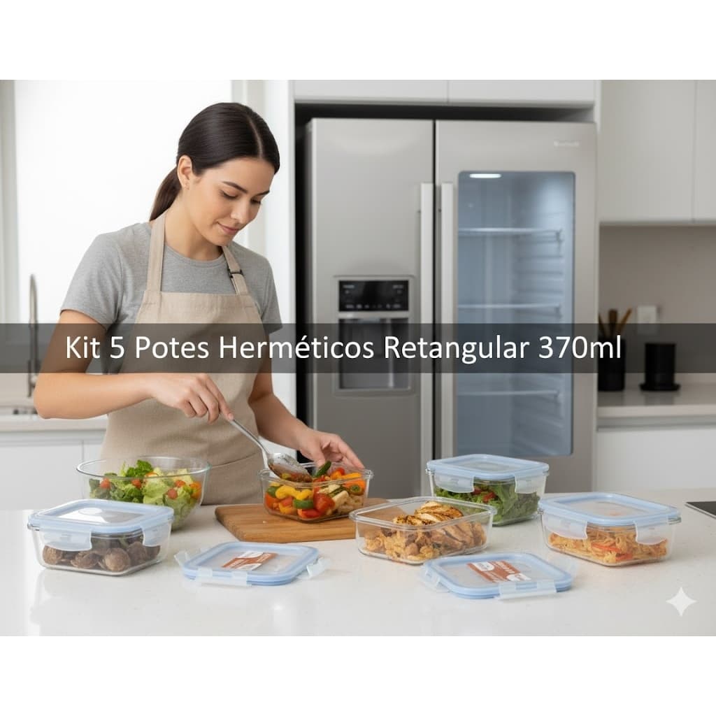 Kit 5 Potes Vidro Hermético 370ml Retangular Tampa Vedação Alimentos Frescos Refratário Cozinha Ge