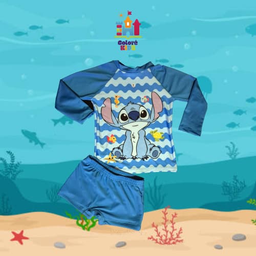 Conjunto UV proteção solar sunga praia menino Stitch