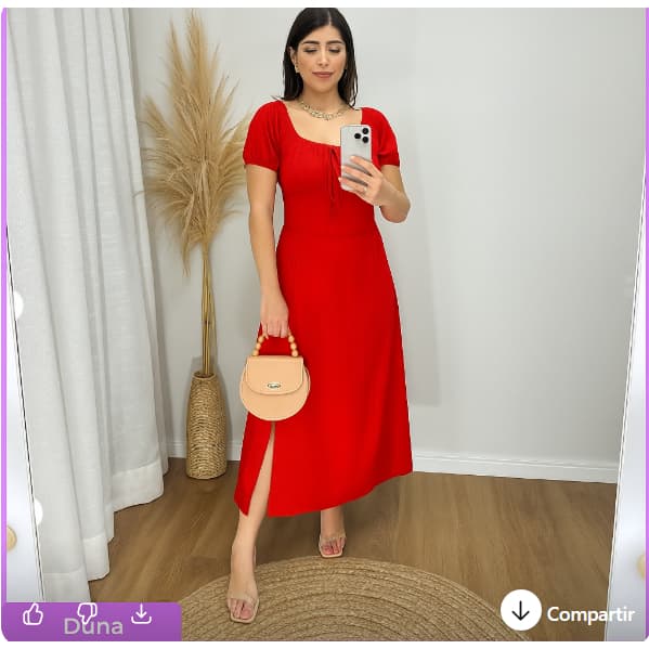 vestido midi feminino com manga curta, tejido duna com forro, com fenda na frente e elastex nas costas