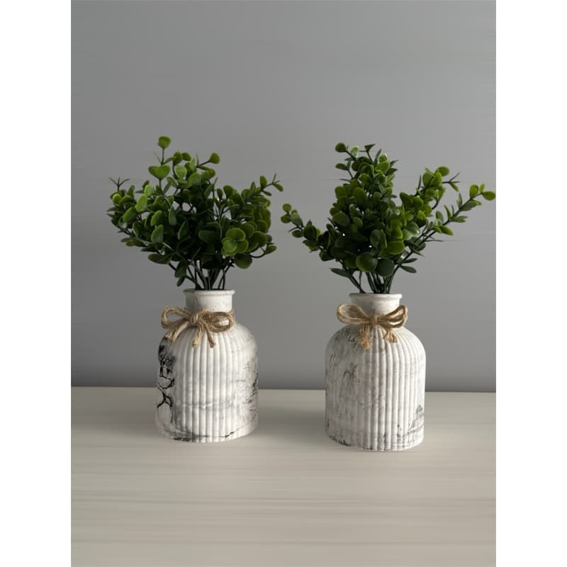 Kit 2 vasos de gesso marmorizado decorativo + buxinho verde decoração casa escritório sala