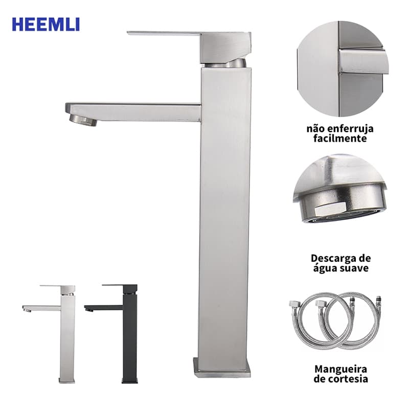 Heemli Torneira para Lavatório Aço Inox Escovado Monocomando Alta Vazão Água Fria Quente 2 Mangueiras 60cm Inclusas