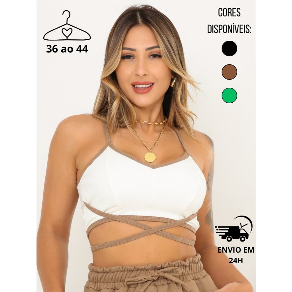 Cropped Feminino de Alcinha Ribana Canelado Bicolor com Tiras Cruzar Tecido Duplo/Moda Blogueirinha/Verão