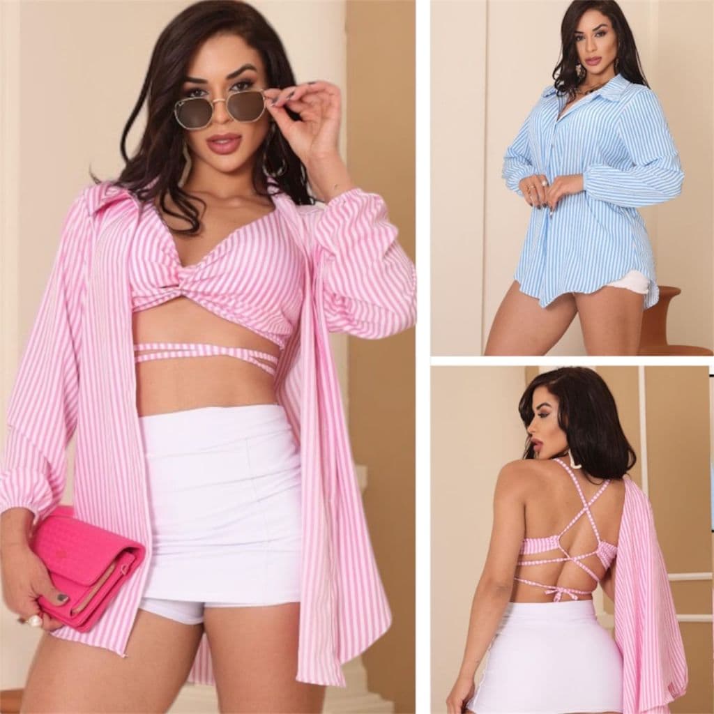 Conjunto Feminino Listrado Camisa com Cropped Chamise verão 2025