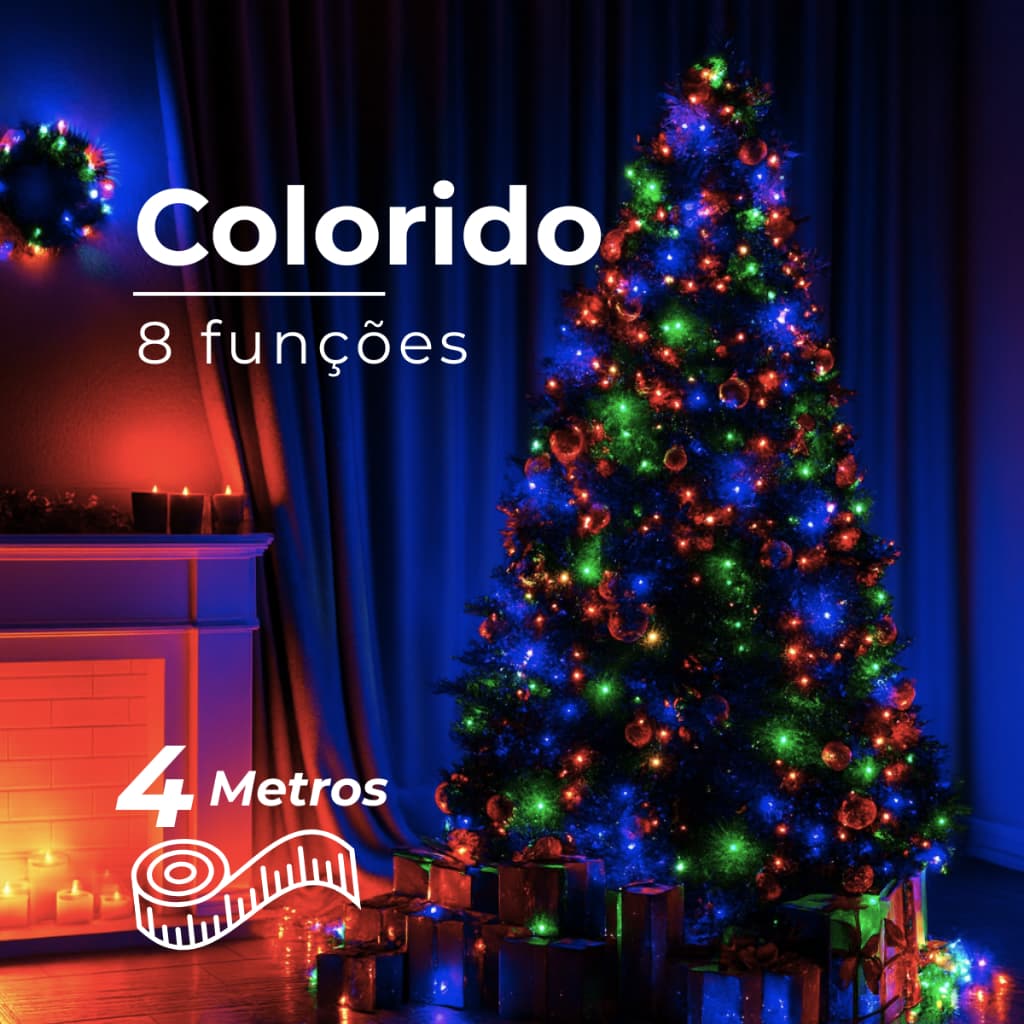 Kit Pisca Pisca COLORIDO 100 LED 8 Funções Árvore de Natal 4 Metros Decoração Natalina Cordão Iluminação Fim de Ano