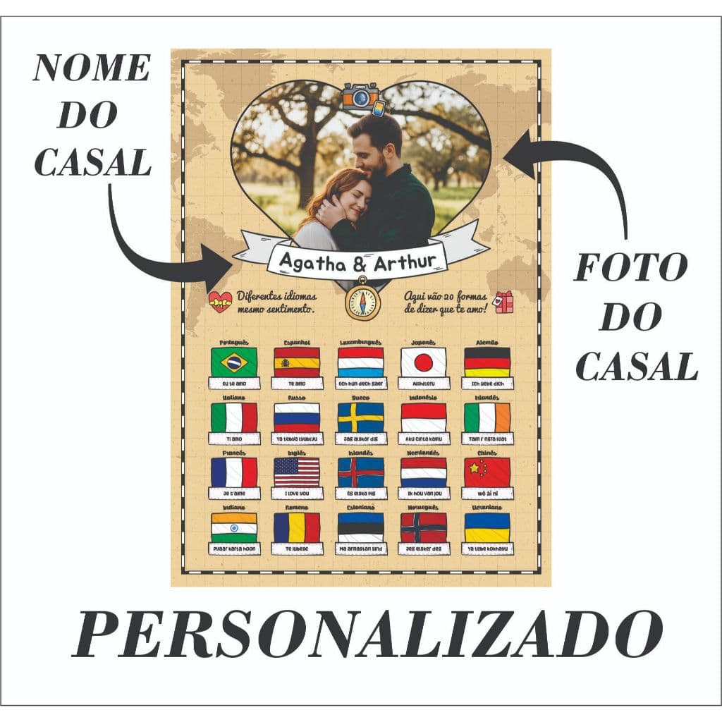 Quadro Presente Namorados Personalizado | 20 Idiomas Eu Te Amo | Exclusivo