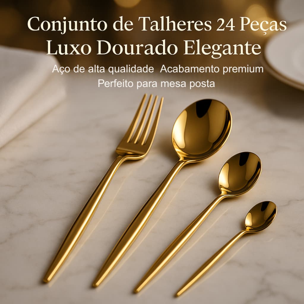Conjunto Talheres 24 Pecas Luxo Acabamento Dourado Elegante Utensilios Mesa