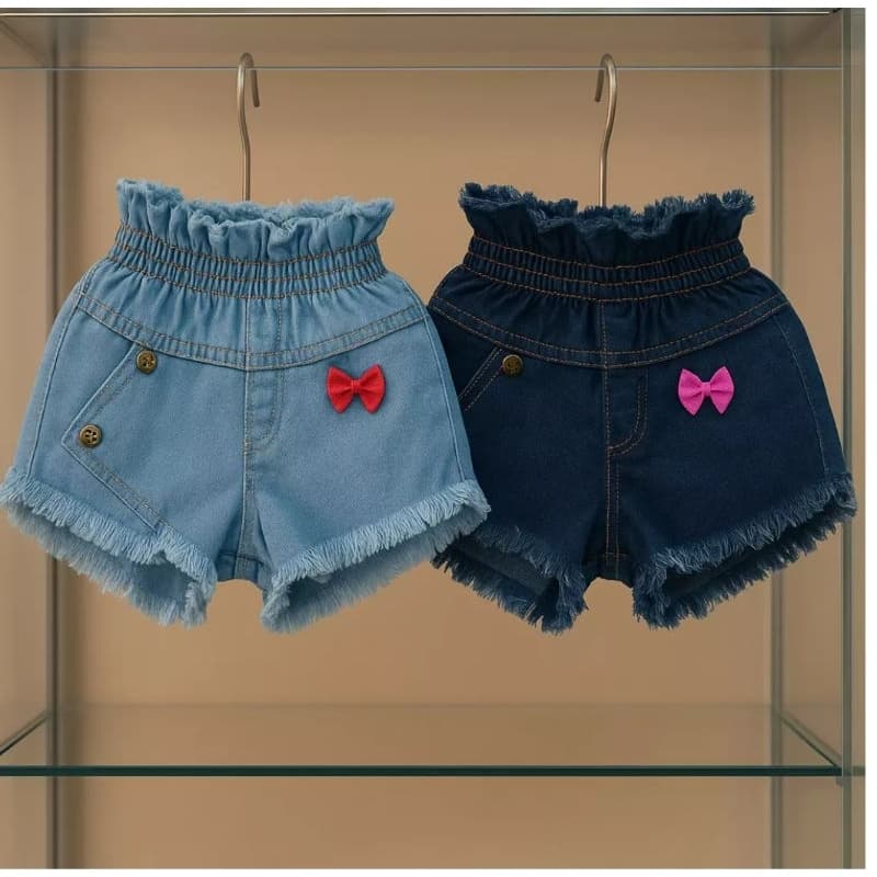 Short Saia Jeans com laço ou bolinhas e elástico, Short Saia Jeans menina tamanho 02 ao 06, Short Jeans molinho.